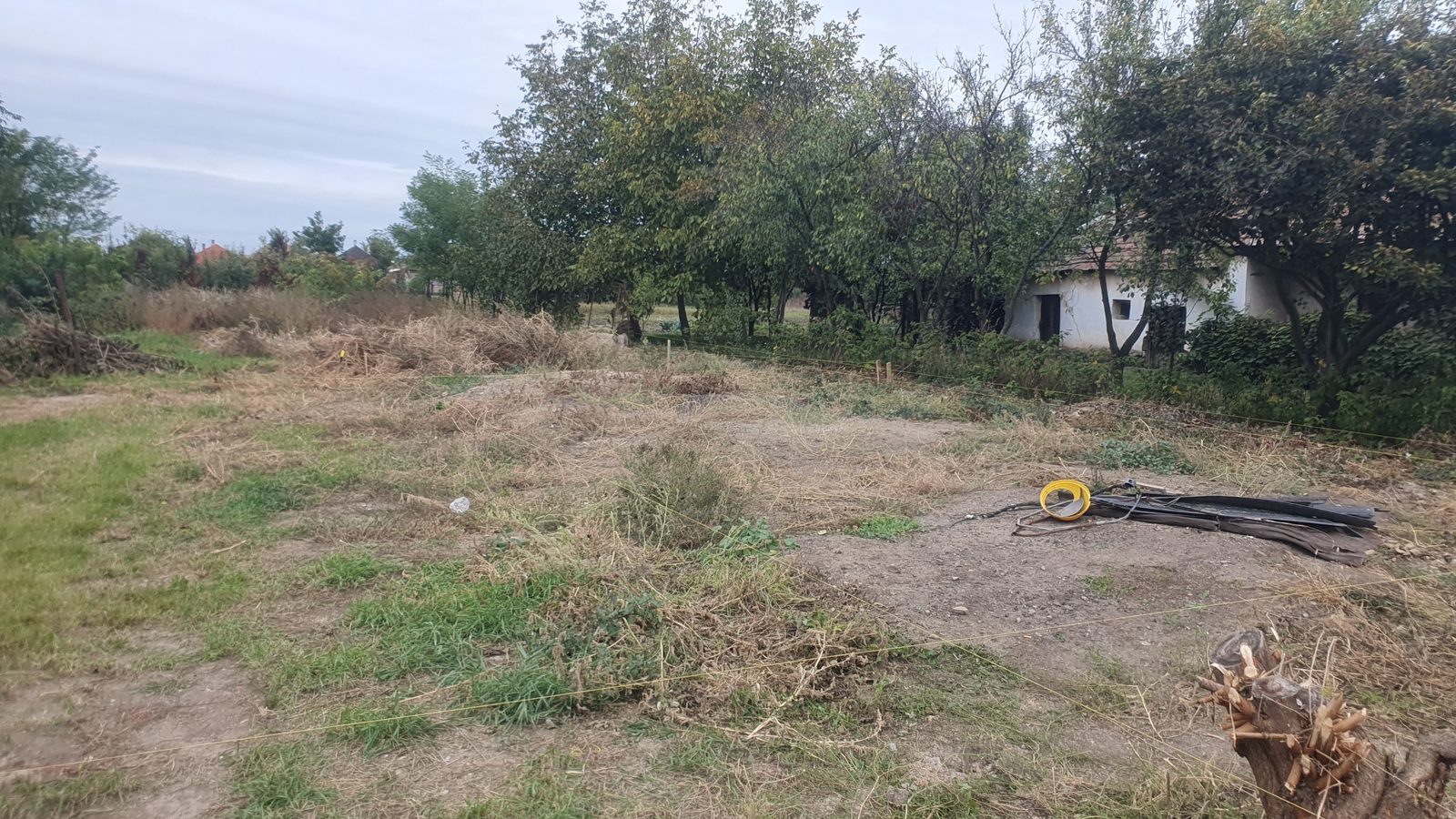 A beépítetlen telek a kitűzés zsinórjaival, az építkezés kezdete előtt